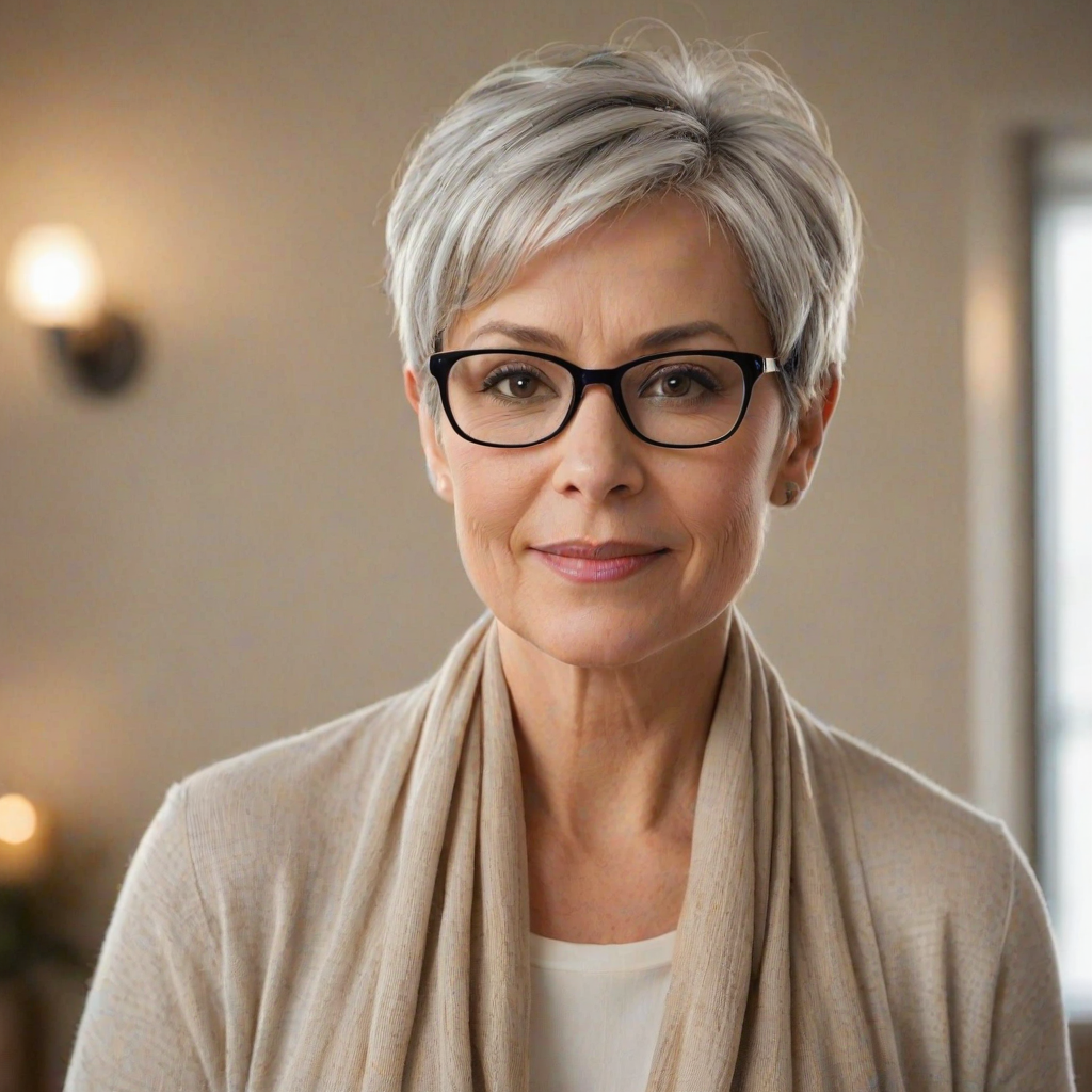 Portrait of a mature woman with short silver hair, styled in an asymmetrical pixie cut with side bangs. She wears black-framed glasses and a beige blouse with a white cardigan over it, as well as a bulky scarf in neutral tones. The woman is indoors with soft lighting and a blur in the background. Her expression is serene and confident, highlighting her elegance and modern style.