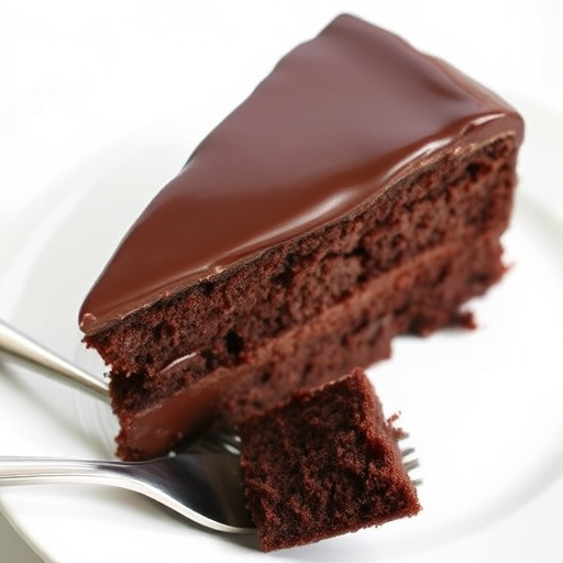 A slice of rich chocolate cake with a glossy chocolate ganache on top served on a white plate with a fork and a bite taken out of the cake showing its moist texture.