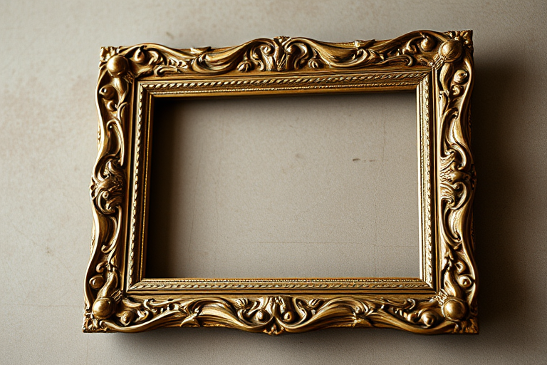 Create a high-resolution image of an ornate vintage picture frame with intricate details, using a DSLR camera with a 50mm lens, aperture set to f/2.8, ISO 100, and natural lighting, capturing the frame in a slightly angled view to emphasize its texture and design.