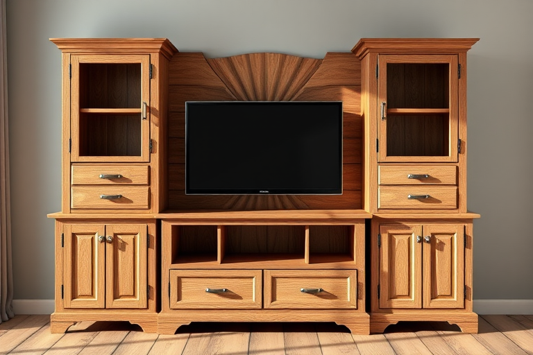 Create a detailed 3D rendering of a wooden entertainment center with a central TV, side cabinets, and drawers, using a DSLR camera with a 50mm lens at f/2.8, ISO 100, shutter speed 1/125 sec, natural lighting to enhance texture and color.