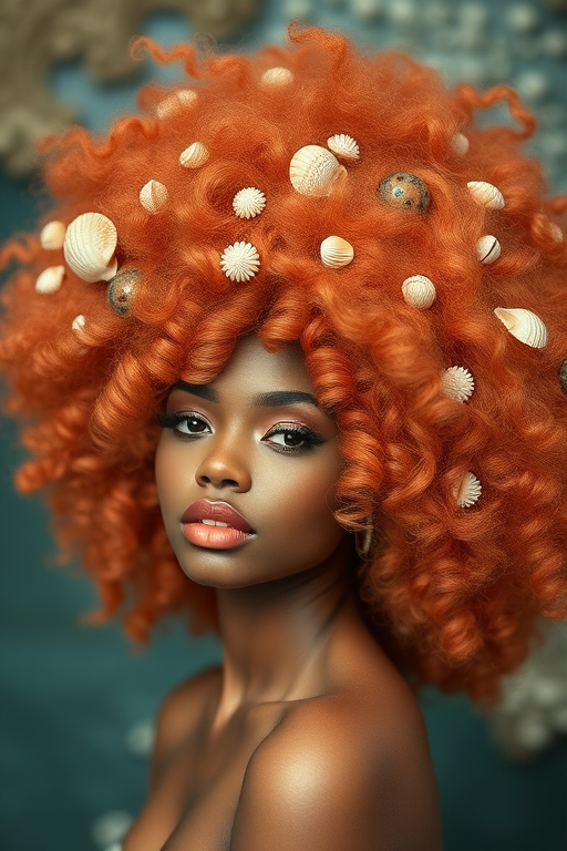 Captivating coral-haired muse with a voluminous, curly afro adorned with delicate seashells and iridescent accents