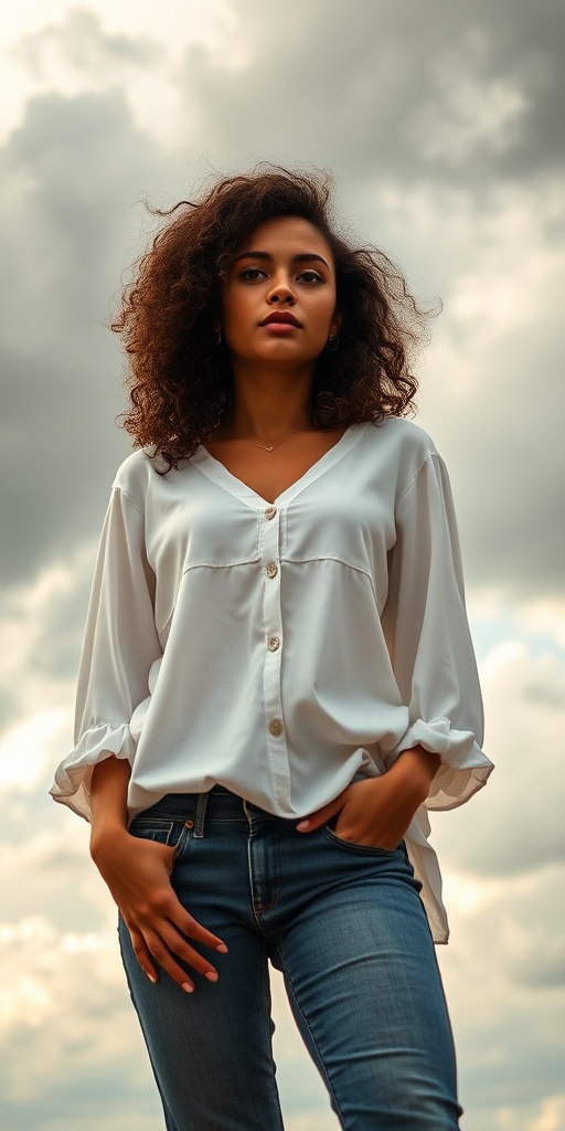 portrait of a young woman with curly hair wearing a white blouse and jeans standing against a dramatic cloudy sky, natural light, aperture f/2.8, shutter speed 1/500s, ISO 100, wide-angle lens, shot from low angle, DSLR camera