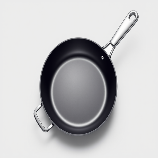 Create a high-resolution vector illustration of a frying pan with a smooth surface and a sturdy handle, using a DSLR camera with a 50mm lens, f/8 aperture, ISO 100, and a 45-degree angle top view for sharp details and enhanced color contrast.