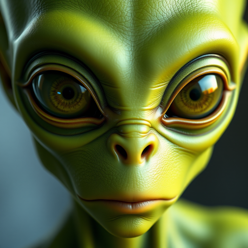 Create a hyper-realistic 3D render of an alien with smooth green skin and large expressive eyes, focus on detailed textures and lighting with a shallow depth of field, captured using a DSLR camera at f/1.8, ISO 100, 50mm lens, in soft natural daylight for enhanced clarity and depth.