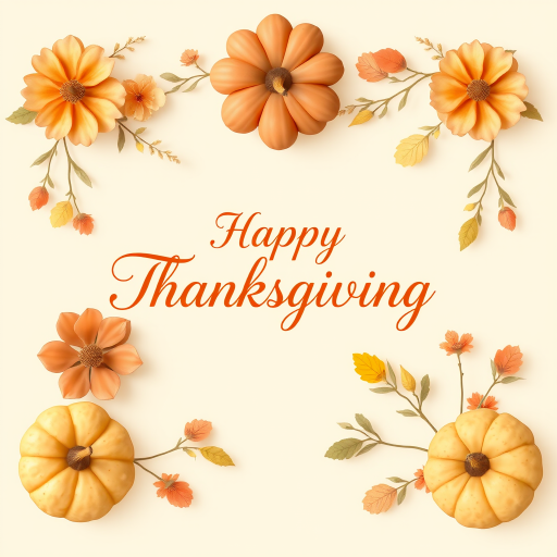 Create a festive Thanksgiving greeting card featuring soft pastel colors with decorative autumn flowers and pumpkins arranged around the edges the text Happy Thanksgiving in elegant script centered in the middle and a light cream background to enhance the seasonal theme.