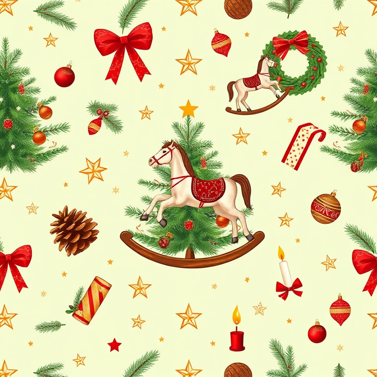 Create a seamless pattern with Christmas elements including a Christmas tree, rocking horse, pine cone, wreath, ornaments, candle, and stars on a light green background, captured with a Canon EOS R5, 50mm lens, f/8 aperture, ISO 100, top-down view, high-detail illustration style.