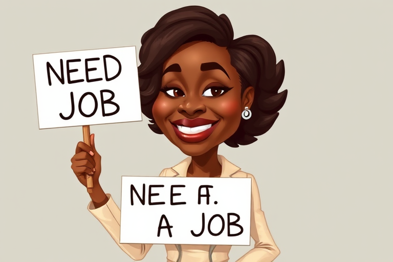 caricature of a smiling Angela Bassett in a Cream dress or suit, holding up a sign that says "NEED A JOB", no watermark,