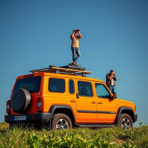 Photograph a vibrant orange SUV parked on green grass, with a person standing on the roof using binoculars and another leaning against the door, shot with a Canon EOS R5 at 24mm, f/8, ISO 100, natural light, high dynamic range, slightly low angle for dramatic effect.