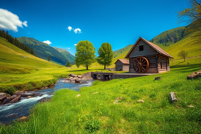 landscape of a rustic wooden watermill beside a stream with lush green grass and trees in a scenic valley under a bright blue sky, shot with a Canon EOS R5 at f/8, ISO 100, 1/250 sec, perspective from a low angle to emphasize foreground details, vibrant colors with HDR processing