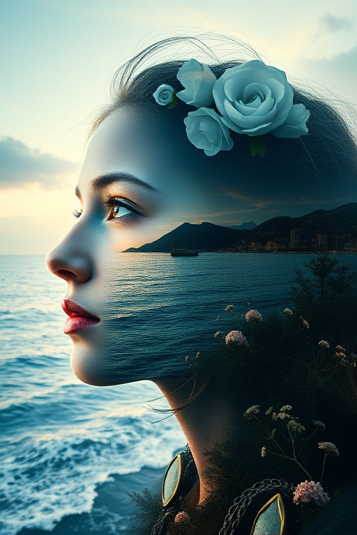 design Book cover, A surreal double exposure portrait that blends a woman's face with a beautiful seascape. The overall mood is dreamy and mystical, with rich colors and intricate details