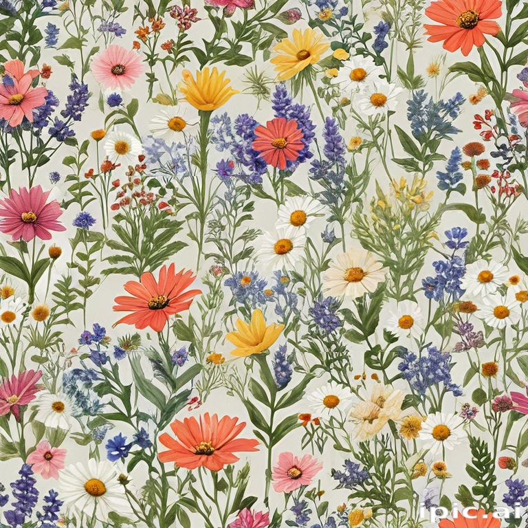 A Colorful Floral Pattern Featuring a Variety of Beautiful Wildflowers ...