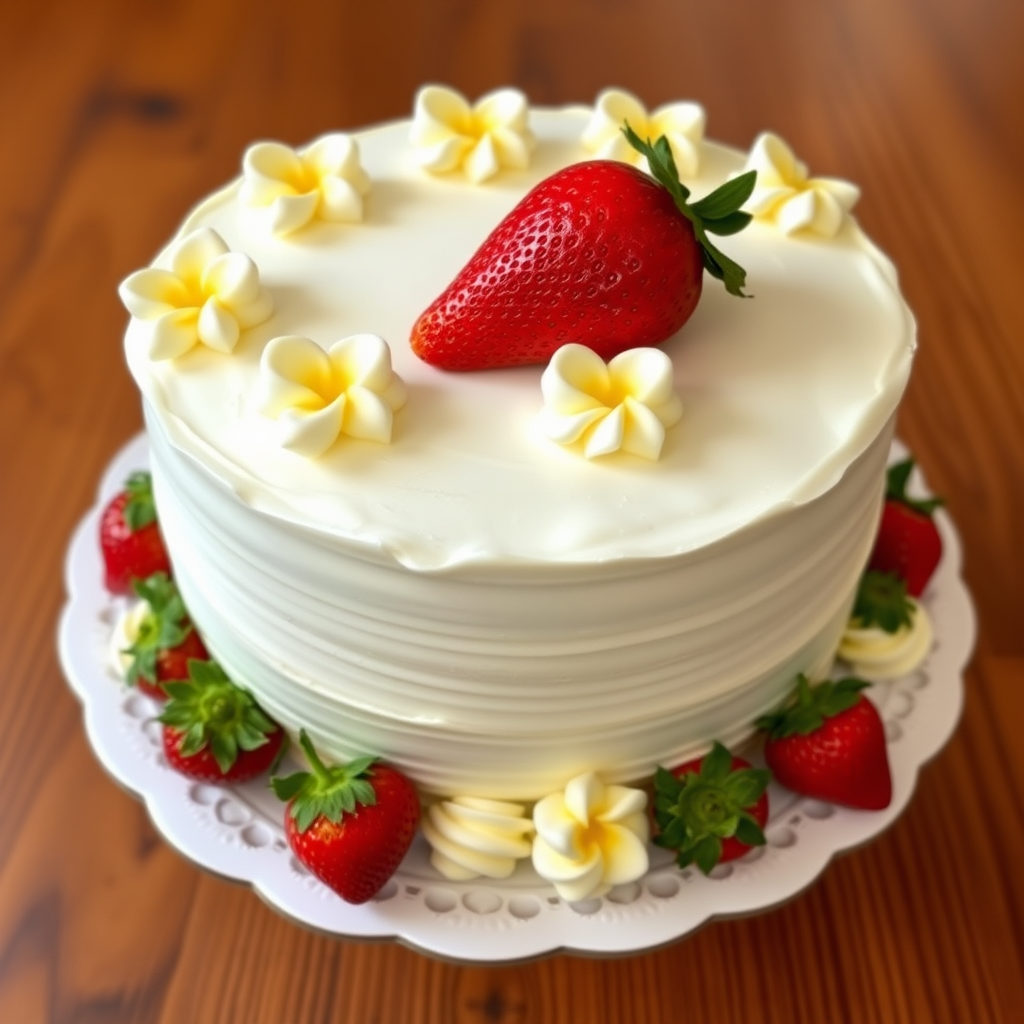 Create an image of a beautifully decorated cake with a white frosting base topped with whipped cream flowers and small yellow sponge cakes. Place fresh strawberries around the base and on top, ensuring one large strawberry is prominently featured in the center. The cake should be presented on a decorative white plate against a simple wooden table background.