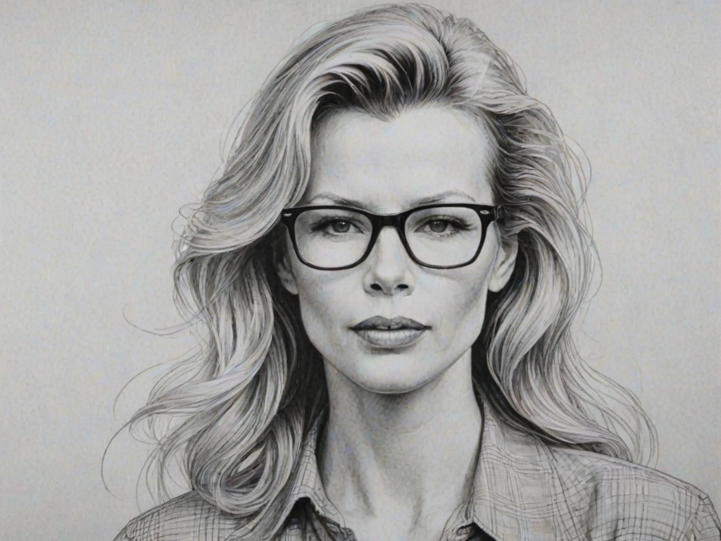 Captivating Kim Basinger, pencil sketch, portrait of Superb woman 1924s in glasses, hair style beatnik, outline, clear lines, fine lines, 8k