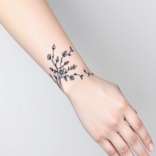 Delicate fine line tattoo wrapping around the wrist and forearm featuring a continuous floral vine with intricate leaves and blooms in a minimalist black ink style