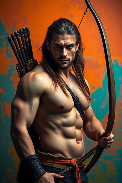 Generate a dramatic portrait of a muscular archer with long hair and a bow, set against a vibrant orange and blue abstract background, captured with a Canon EOS R5, 50mm lens, f/1.8 aperture, ISO 100, using low-angle lighting to emphasize the physique and a warm color palette.