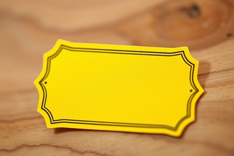 Create a bright yellow blank label with a decorative border using a DSLR camera, aperture set to f/2.8, ISO 100, 50mm lens, shot from a slight angle to enhance depth and texture.