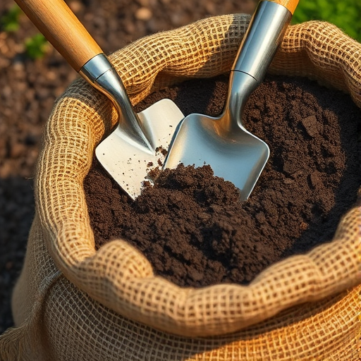 Create a detailed illustration of a burlap sack filled with rich, dark soil, featuring a shiny gardening trowel partially submerged in the soil, use a high-resolution setting with a 35mm lens, f-stop at 2.8 for shallow depth of field, and ensure a bright, natural lighting setup to enhance textures and colors.