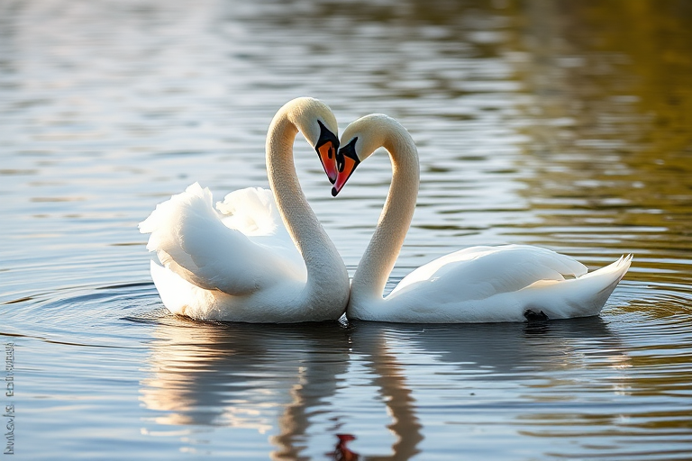 two swans gracefully interacting in calm water, soft natural light, 85mm lens, f/2.8 aperture, ISO 200, 1/800 shutter speed, shallow depth of field, DSLR camera, captured in a serene natural setting