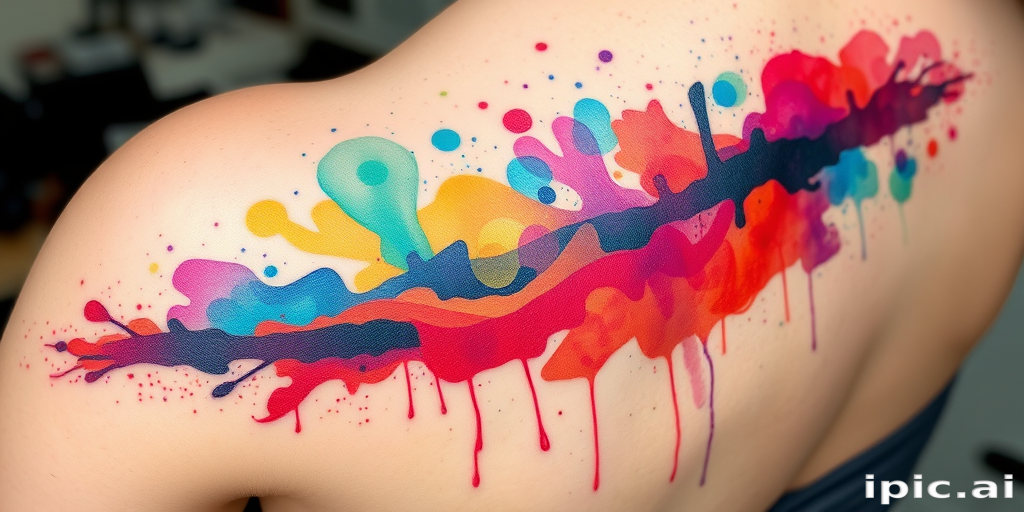 Whimsical watercolor splatter tattoo named "Technicolor Dreamscape" featuring an explosion of vibrant, translucent colors that blend and overlap to create a dreamlike abstract landscape, with delicate splatters and drips adding texture and movement to the design, resulting in a unique and eye-catching piece that resembles a wearable work of modern art