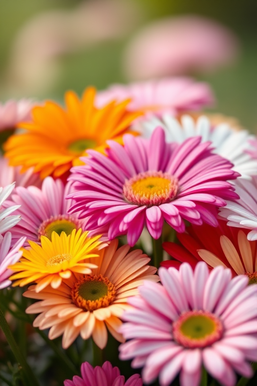 vibrant arrangement of various colored daisies in close-up, soft focus background, natural lighting, aperture f/2.8, shutter speed 1/200s, ISO 100, macro lens, DSLR camera