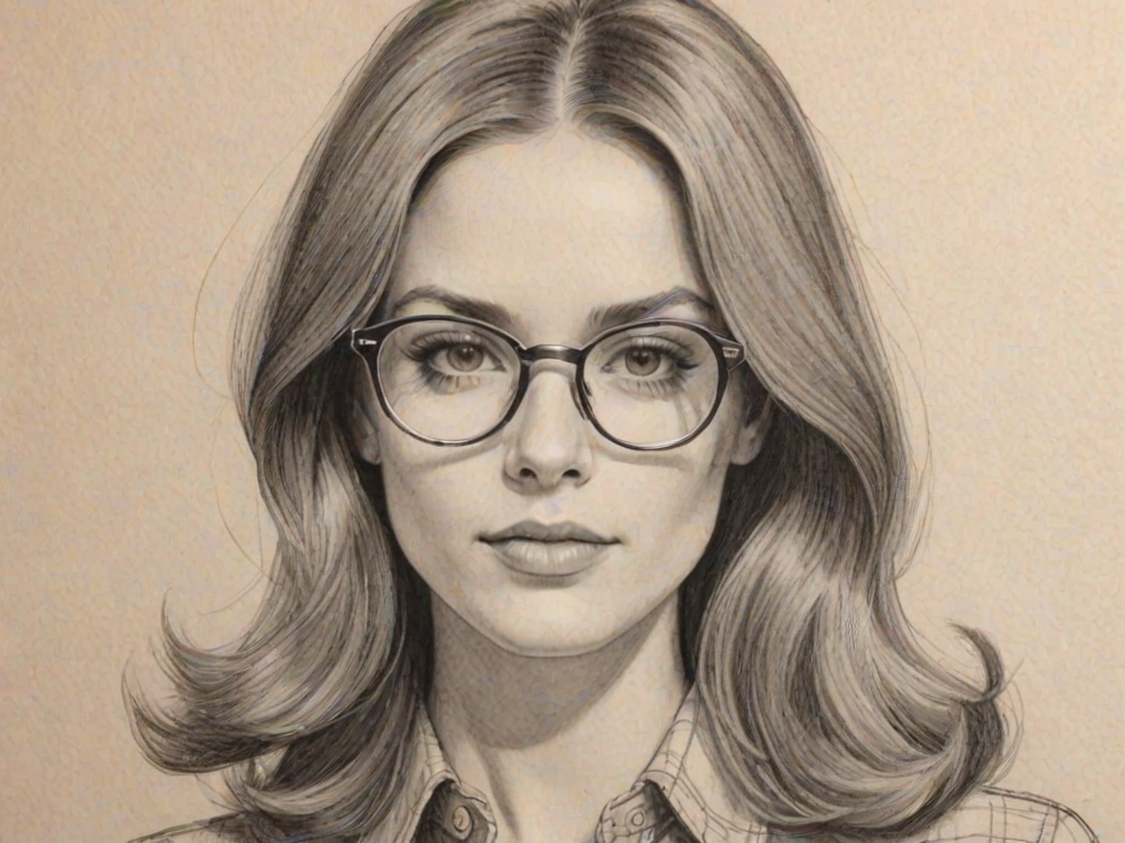 Radiant Caitlin Gerard, pencil sketch, portrait of Ravishing woman 1967s in glasses, hair style beatnik, outline, clear lines, fine lines, 8k