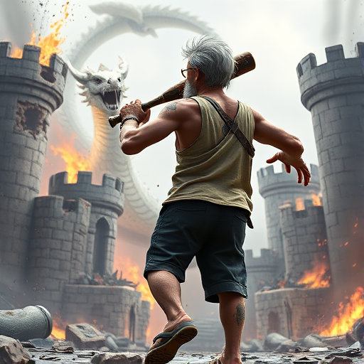 Cartoon 3D High-Resolution,dynamic battle scene using Unreal Engine 5 and Octane Render. The scene features back of an elderly, thai man with a beard,messy hair and round golden-rimmed glasses. He is wearing a tattered tank top with soot marks, shorts, and sandals. sweating. he wields a baseball bat. He jump to fight with a white fire-breathing Europe dragon amidst a partially destroyed stone castle. Include intense flames, smoke, and debris to enhance the dramatic effect.