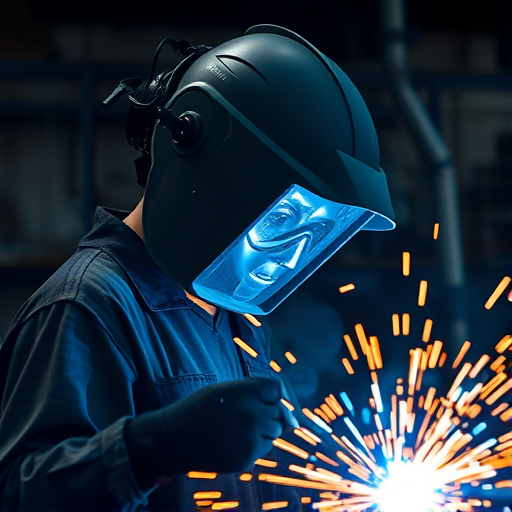 Create an industrial scene of a welder in a dark workshop, wearing a protective helmet and surrounded by bright, glowing sparks and a blue light effect, captured with a Canon EOS R6, 50mm lens, f/2.8 aperture, ISO 400, at a shutter speed of 1/125s, using a shallow depth of field to emphasize the welder and blur the background for added focus.