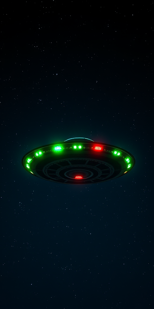 Create a highly detailed and realistic depiction of a flying saucer with glowing green and red lights, set against a starry night sky, using a DSLR camera with a 50mm lens, aperture set to f/1.8, ISO 400, and a slightly low angle view to capture the full silhouette against the cosmos.