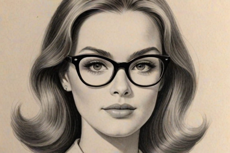 Beauteous Kara Killmer, pencil sketch, portrait of Wonderful woman 1960s in glasses, hair style beatnik, outline, clear lines, fine lines, 8k