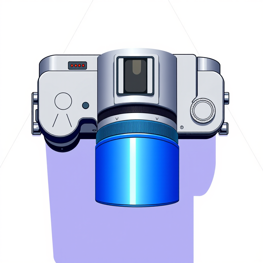 A sleek and modern camera illustration featuring a minimalist design, vibrant blue accent, and clean lines, shot in high resolution at 50mm f-stop 1.8, ISO 100, natural lighting, top-down view for clarity, using a digital SLR camera for optimal image quality.
