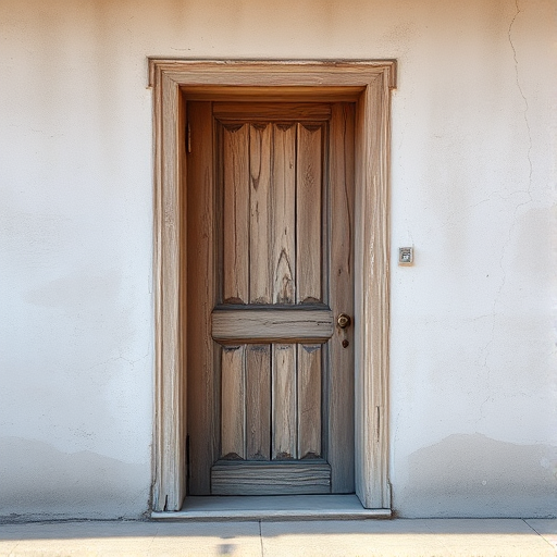 Capture an image of a rustic wooden door with a weathered texture set against a cracked, light-gray wall, composed at eye level with a 50mm lens, f/8 aperture, ISO 100, using natural daylight to enhance the details and colors of the scene, shot with a DSLR camera.