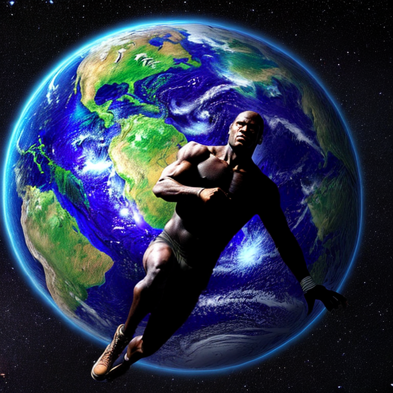 A dark man holds the planet Earth in his hands