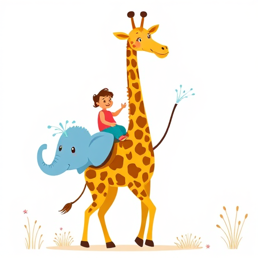 Create a whimsical illustration of a child riding on a tall cartoon giraffe while a cheerful blue elephant sprays water, using vibrant colors and a minimalist background, captured with a DSLR camera at f/4 aperture, 50mm lens, natural light, and a shallow depth of field for enhanced clarity and detail.