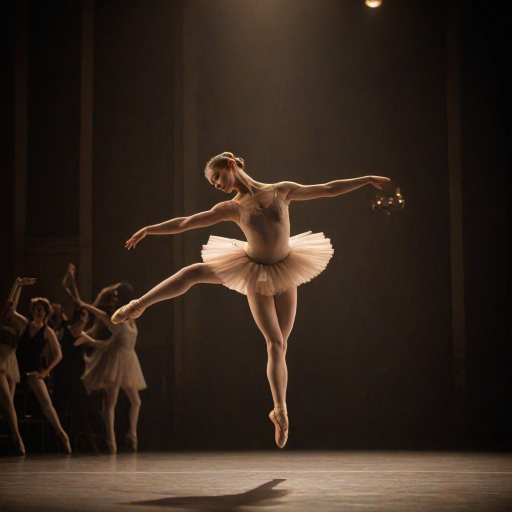 Sharp, high-resolution photo of a ballet dancer mid-leap on a stage, soft light from the spotlight illuminating their graceful form, distant audience members watching in awe, and the sound of classical music filling the air.