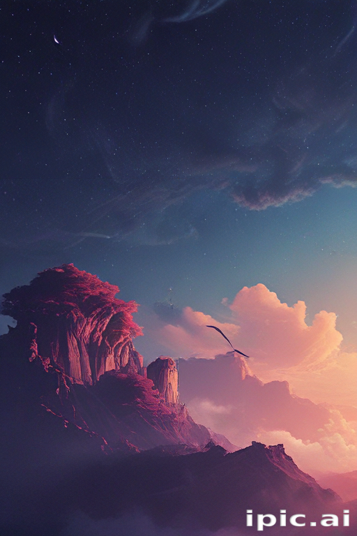 Majestic Mountain Landscape Under a Starry Sky with Dreamy Clouds
