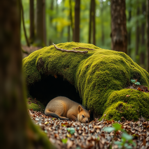 A serene forest scene featuring a moss-covered den with a sleeping animal in the foreground, captured with a Canon EOS 5D Mark IV, 50mm lens, f/2.8 aperture, ISO 400, shutter speed 1/125s, natural light, shallow depth of field for a soft bokeh effect.