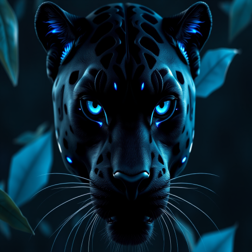 Create a hyper-realistic 3D render of a black panther's head, incorporating glowing blue accents and fragmented leaves, use a Canon EOS 5D Mark IV with a 50mm f/1.2 lens, aperture set to f/2.8, ISO 100, and a soft focus background to enhance depth and detail.