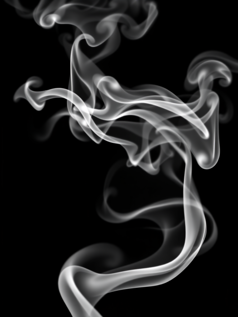 Create a high-resolution black and white image of a stylized smoke swirl design, using a DSLR camera at f/4, 1/250s shutter speed, ISO 100, with a 50mm lens, in a studio setting with softbox lighting for even illumination.