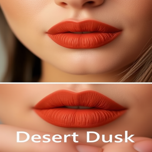 Matte terracotta lips with a suede-like texture, titled "Desert Dusk," exhibit a warm, earthy tone and soft-focus effect for a natural yet polished look