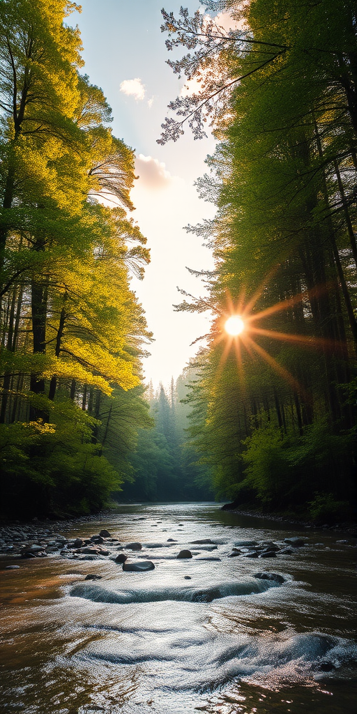 Create an image of a serene, sunlit forest scene with a clear, gently flowing river. Tall trees with lush green foliage line both sides of the river, their leaves bathed in the warm golden light of the setting or rising sun. The sunlight filters through the trees, casting soft, dappled light on the river, which flows over smooth rocks and pebbles, creating a peaceful, natural atmosphere. The sky is bright with a few scattered clouds, and the overall mood is tranquil, evoking a deep sense of connection with nature. The image captures the beauty of a calm, pristine forest landscape at either dawn or dusk.