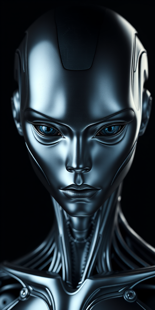 create a highly detailed digital artwork of a futuristic humanoid figure with smooth metallic skin and striking features, use soft lighting to highlight reflections, set camera to ISO 100, f/2.8 aperture, 50mm lens, frontal view, use a high-resolution DSLR camera for maximum clarity and sharpness, focus on capturing the intricate lines and textures on the surface of the figure against a deep black background.