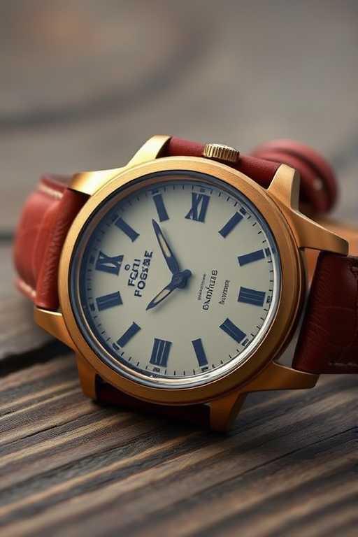Capture a close-up of a Fossil watch with a bronze case and brown leather strap on a wooden surface, using a DSLR camera, aperture f/2.8, shutter speed 1/200 sec, ISO 100, natural light, shallow depth of field for a blurred background, focus sharply on the watch face.