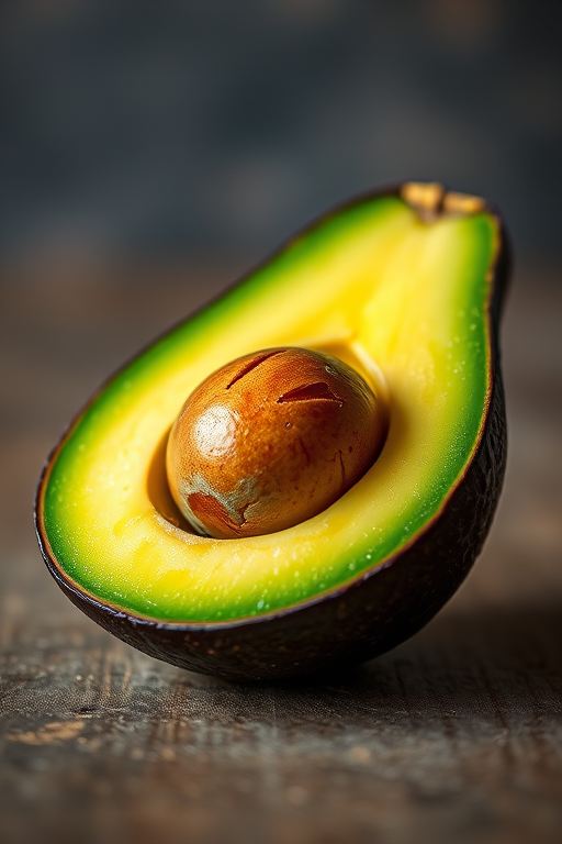 Create a highly detailed and realistic image of a halved avocado with the pit exposed, using a DSLR camera at f/2.8 aperture, 50mm lens, natural light, shallow depth of field, soft focus background, and a vibrant color palette to enhance the texture and freshness of the avocado.