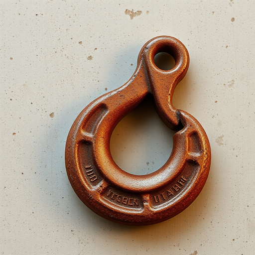 Create a high-resolution image of a vintage rusty crane hook on a neutral background, captured with a DSLR camera at f/2.8 aperture, ISO 100, and a 50mm lens, using natural light for enhanced detail and texture.