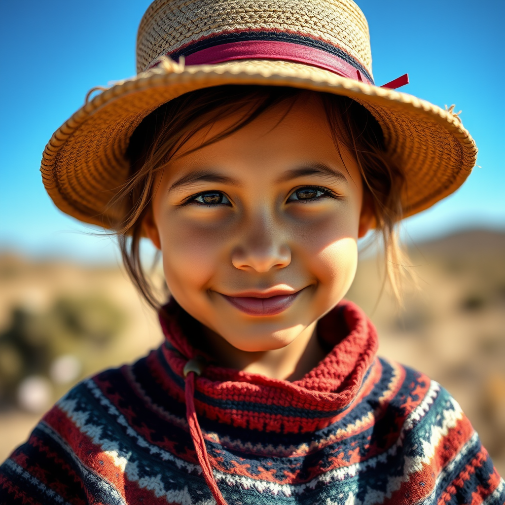 Portrait of a young girl wearing a traditional poncho and hat in a sunny landscape with a clear blue sky, 50mm lens, f/1.8 aperture, ISO 100, shutter speed 1/200s, soft focus background, natural light photography.
