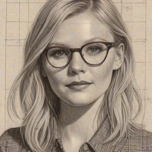 Enchanting Kristen Dunst, pencil sketch, portrait of Fascinating woman 1926s in glasses, hair style beatnik, outline, clear lines, fine lines, 8k