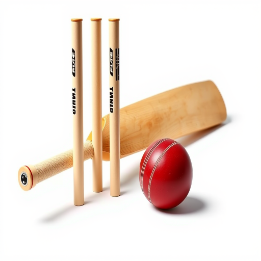 Create a high-resolution illustration of a cricket bat, stumps, and a cricket ball, captured with a 50mm lens at f/2.8 in a studio setting with soft lighting and a plain white background for enhanced detail and clarity.