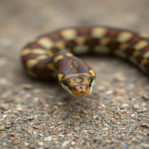 Capture a close-up of a coiled snake on a textured surface, using a DSLR camera with a 100mm macro lens, aperture set to f/2.8 for shallow depth of field, ISO 200 to reduce noise, and a shutter speed of 1/125 sec to freeze motion, ensuring a natural daylight setting for enhanced colors and details.