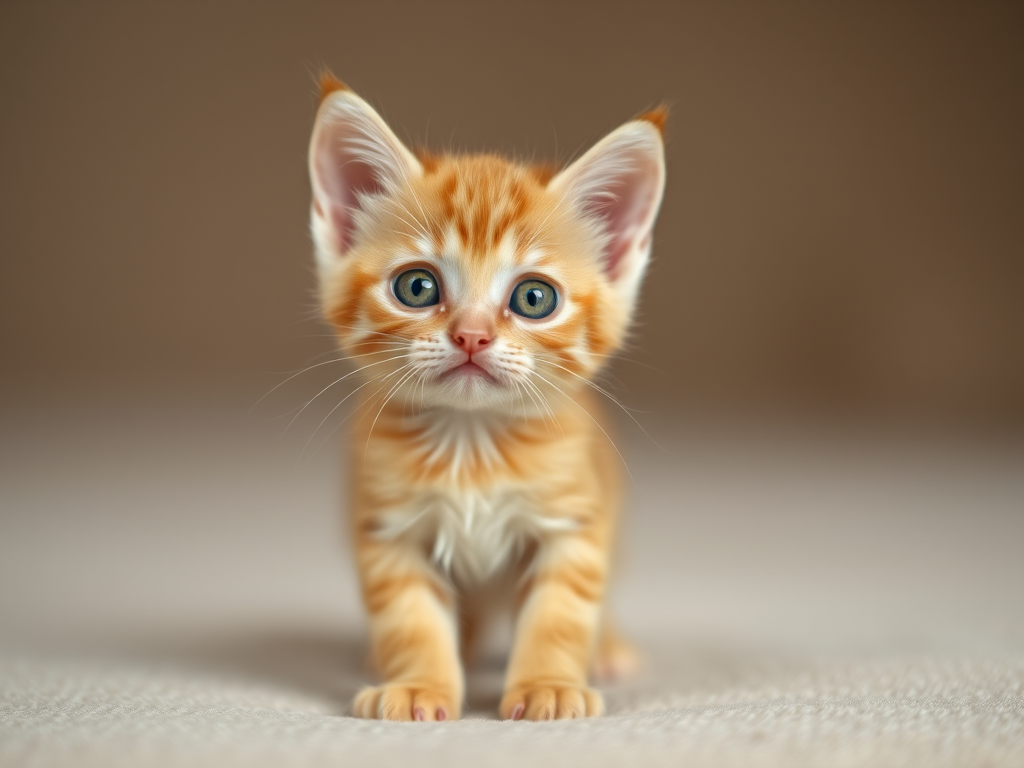 Create an image of a small orange kitten with big expressive eyes standing upright on a soft surface looking curiously at the viewer