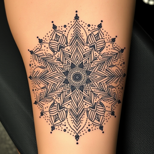 Dotwork mandala tattoo named "Cosmic Meditation" creating intricate geometric patterns and sacred symbols using thousands of tiny dots in varying densities
